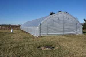 High tunnel structure at the U of I St Charles Research Center with zippered fabric ends. Photo Credit: University of Illinois, St Charles Horticultural Research Center
