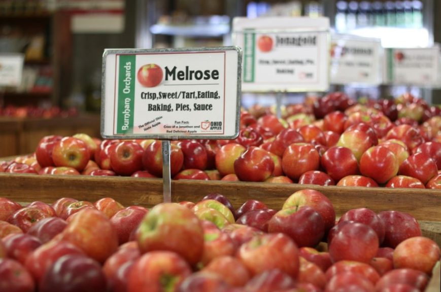 Signs spell out how this Melrose apple can be used.
